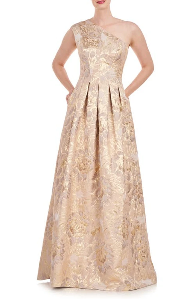 Kay Unger Carolyn Metallic Floral Jacquard One-Shoulder Gown Hazelnut at Nordstrom,