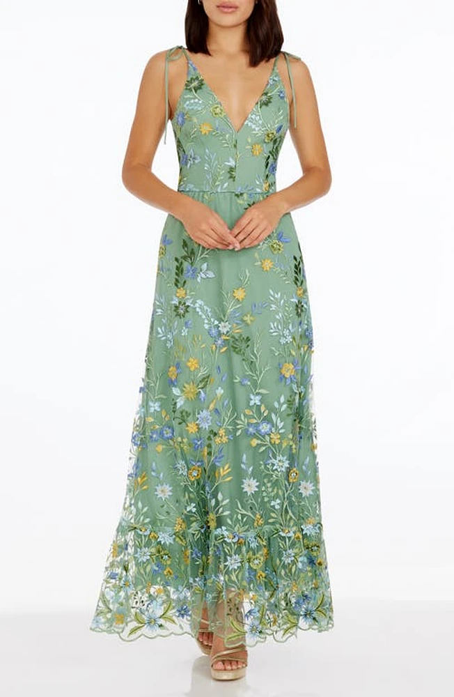 Dress the Population Sunny Embroidered Floral A-Line Gown in Sage Multi at Nordstrom, Size X-Small