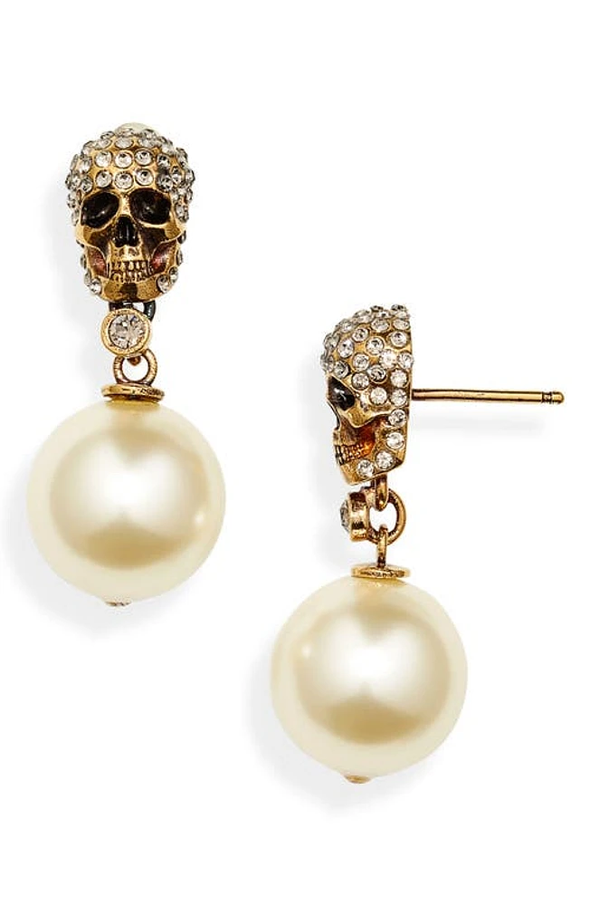 Alexander McQueen Swarovski Crystal Pavé Skull & Imitation Pearl Drop Earrings in 2375 Antique Gold - Pearl at Nordstrom