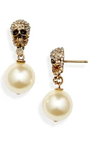 Alexander McQueen Swarovski Crystal Pavé Skull & Imitation Pearl Drop Earrings in 2375 Antique Gold - Pearl at Nordstrom