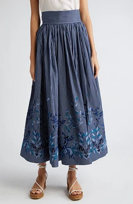 Loretta Caponi Vanessa Floral Embroidered Stripe A-Line Skirt Blue Denim Leaves at Nordstrom,