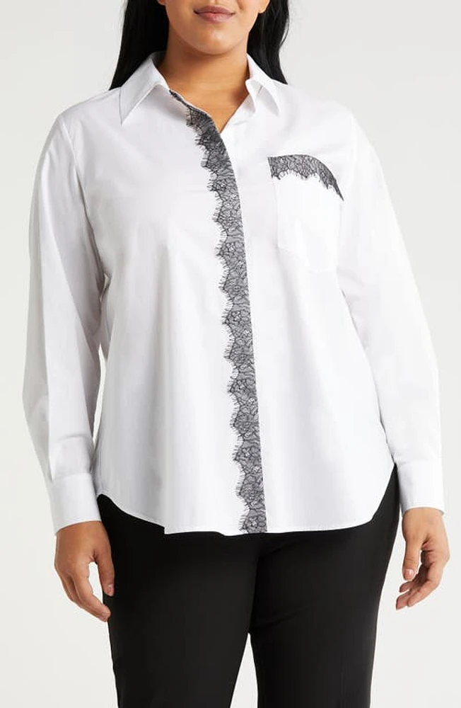 Marina Rinaldi Foce Lace Trim Cotton Poplin Button-Up Shirt in Optic White at Nordstrom, Size 20W