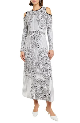 Misook Floral Cold Shoulder Long Sleeve A-Line Dress Black/White at Nordstrom,