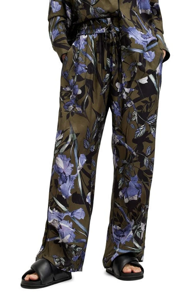 AllSaints Tyler Batu Floral Print Wide Leg Pants Deep Khaki Green at Nordstrom,