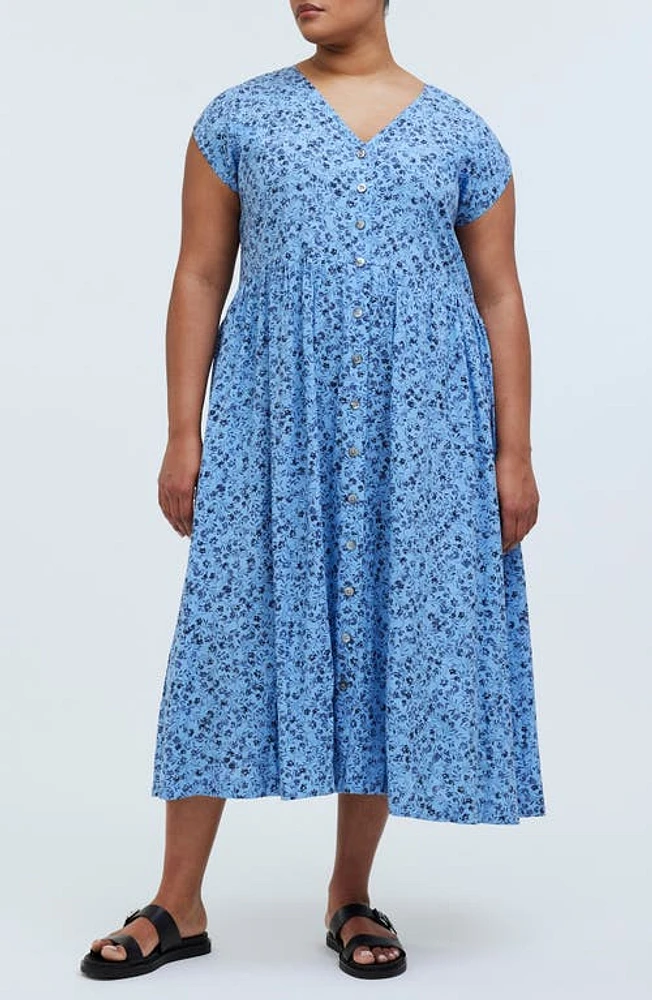 Madewell Floral Button Front Midi Dress in Powder Blue at Nordstrom, Size 2X