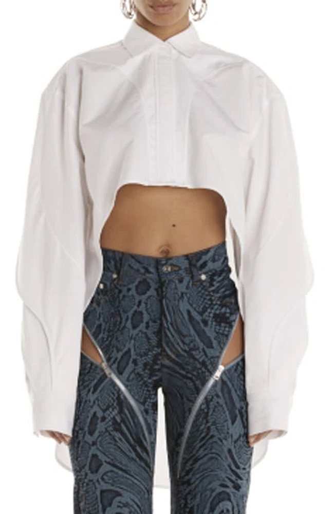 MUGLER Crop High-Low Cotton Button-Up Shirt Blanc Optique at Nordstrom, Us