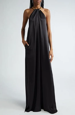 Stella McCartney Chain Crossover Halter Satin Gown Black at Nordstrom, Us