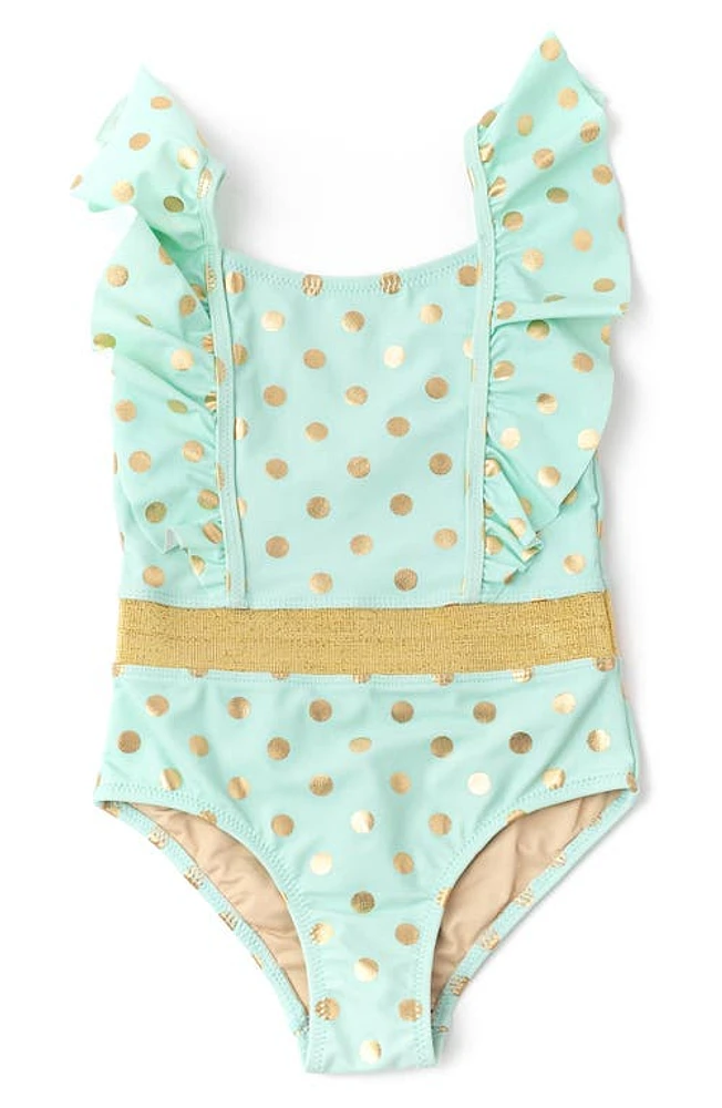 Shade Critters Kids' Foil Dot Ruffle One-Piece Swimsuit Mint at Nordstrom,