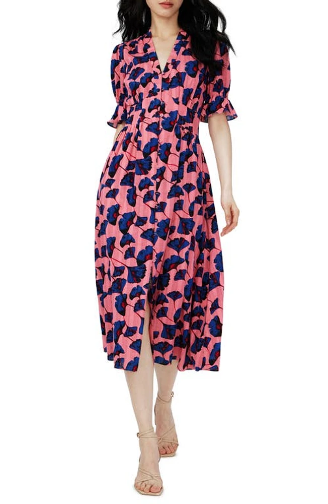 DVF Erica Floral Button Front Cotton Midi Dress Falling Gingko Antique Pk Med at Nordstrom,