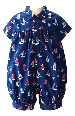 Rachel Riley Sailboat Print Cotton Bubble Romper Navy at Nordstrom,