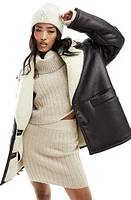 ASOS DESIGN Faux Leather & Faux Shearling Car Coat in Brown at Nordstrom, Size Medium