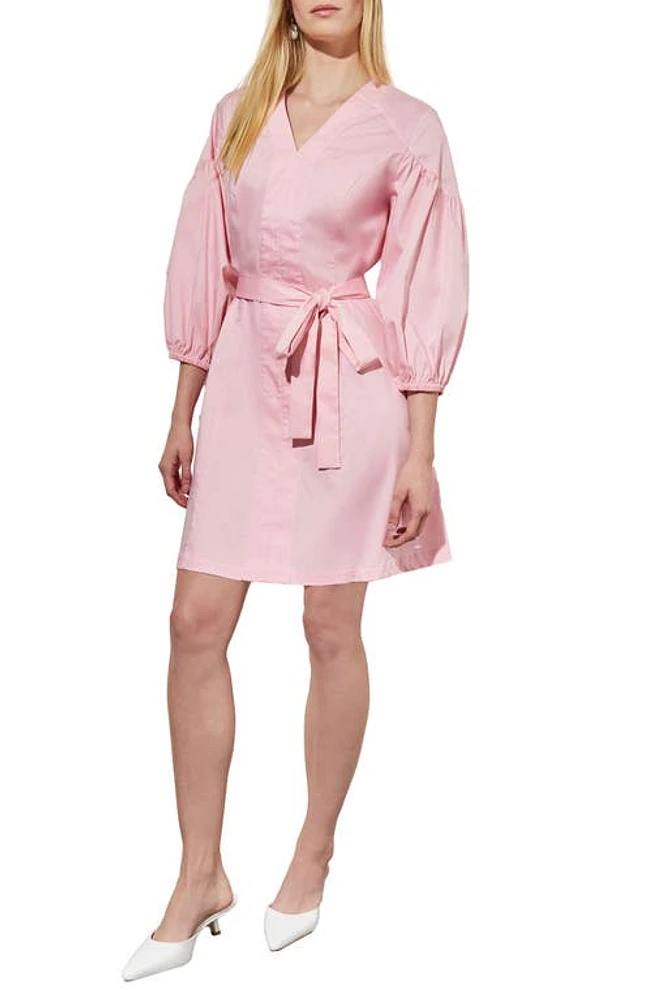 Ming Wang Puff Sleeve Tie Belt Cotton Sheath Minidress in Perfect Pink at Nordstrom, Size Large