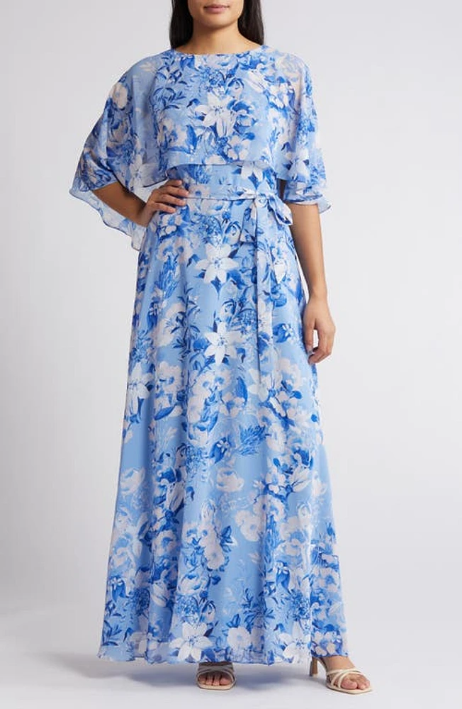 Eliza J Floral Capelet Overlay Cocktail Dress Periwinkle at Nordstrom,