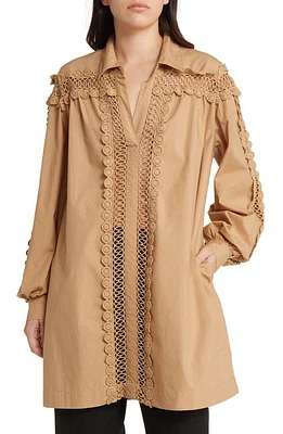 Masai Copenhagen Gerel Embroidered Inset Cotton Tunic Shirt Tannin at Nordstrom,