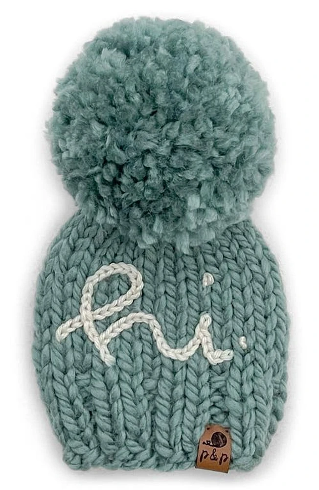 PINE + POPPY Hi Embroidered Pompom Hat in Soft Green at Nordstrom