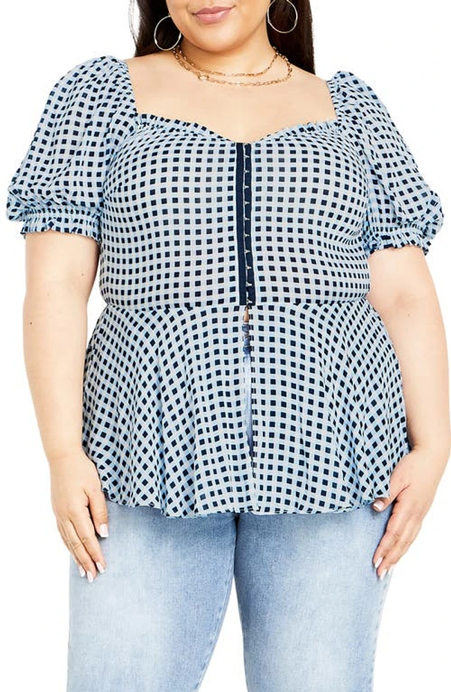 City Chic Isobel Gingham Puff Sleeve Peplum Top Navy Check at