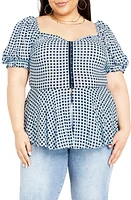 City Chic Isobel Gingham Puff Sleeve Peplum Top Navy Check at