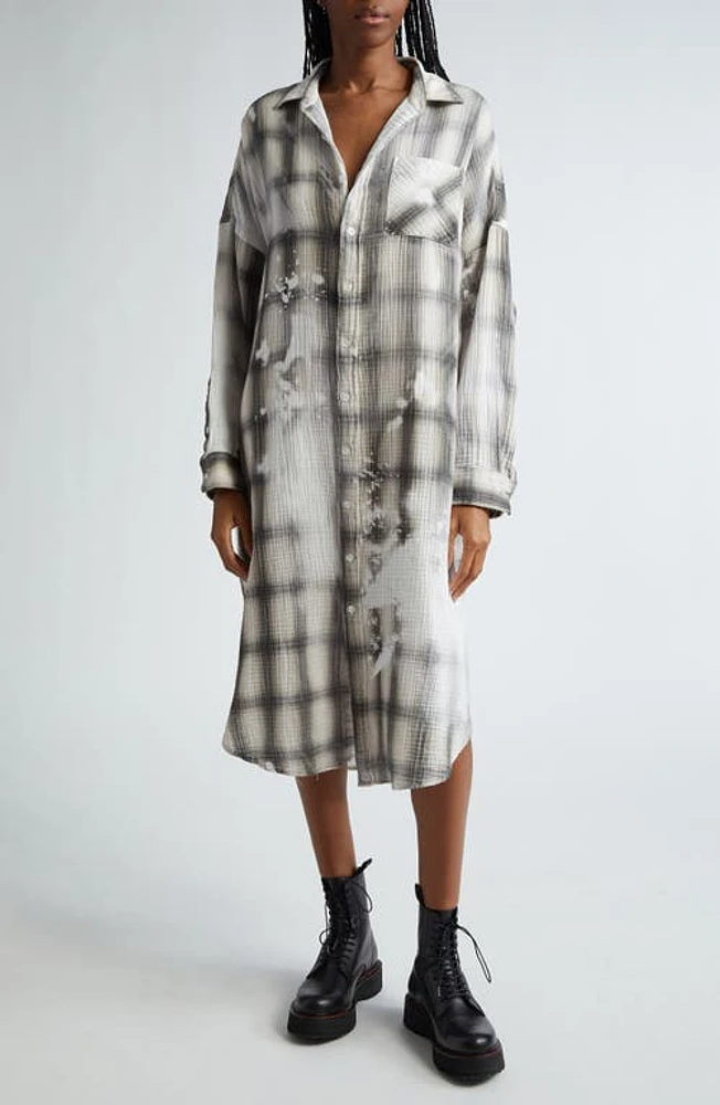 R13 Jumbo Bleached Plaid Long Sleeve Cotton Gauze Midi Shirtdress Grey at Nordstrom,