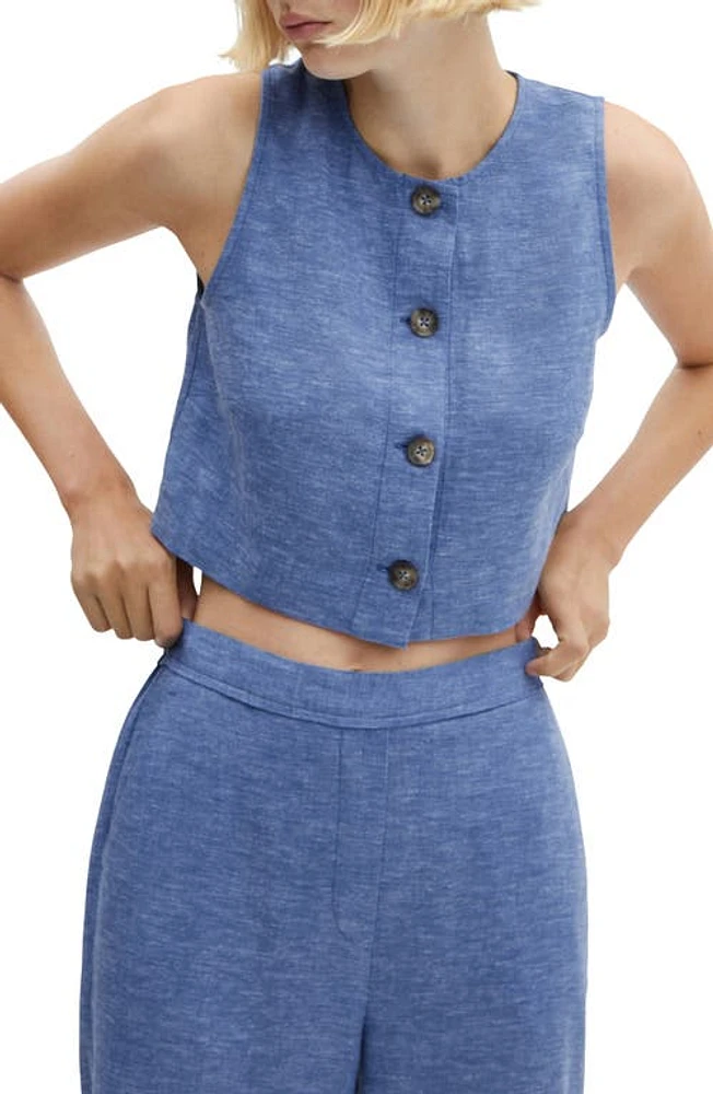 MANGO Sleeveless Linen Blend Crop Top in Blue at Nordstrom, Size Small