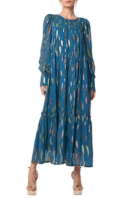 CIEBON Eryn Metallic Print Tie Waist Long Sleeve Maxi Dress Sea at Nordstrom,