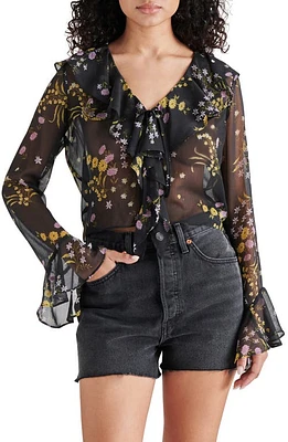 Steve Madden Bay Floral Ruffle Chiffon Top Black at Nordstrom,