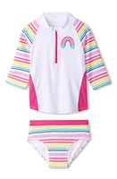 Hatley Kid's Dazzling Stripes Two-Piece Rashguard Swimsuit White/Pink at Nordstrom,