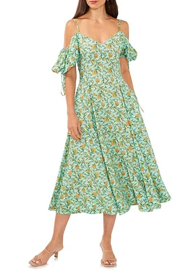 1.STATE Floral Cold Shoulder Midi Dress Sea Glass Blue at Nordstrom,