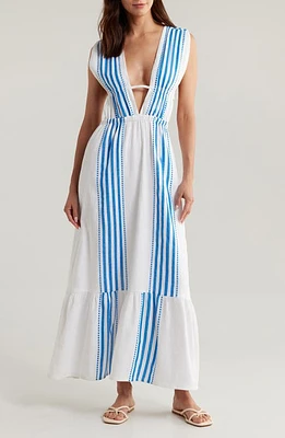 lemlem Lelisa Plunge Neck Cotton Blend Cover-Up Maxi Dress Eshe Blue at Nordstrom,