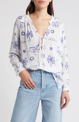 Rails Brielle Island Print Tie Front Linen Blend Top Mykonos at Nordstrom,