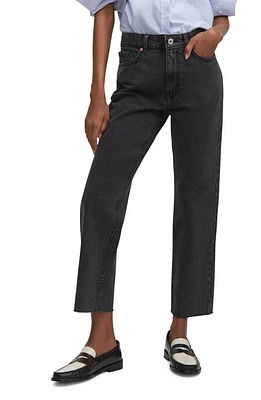 MANGO Raw Hem Crop Straight Leg Jeans Black Denim at Nordstrom,