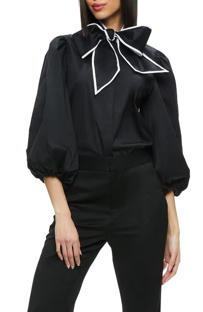 Alice + Olivia Lou Blouson Sleeve Bow Shirt in Black/Off White at Nordstrom, Size X-Small