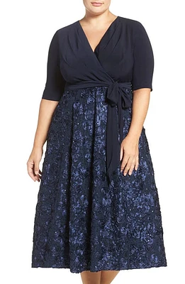 Alex Evenings Tea Length Jersey & Rosette Lace Dress Navy at Nordstrom,