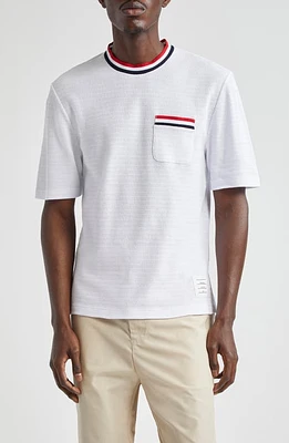 Thom Browne Stripe Trim Cotton T-Shirt White at Nordstrom,