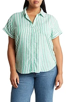 caslon(r) Linen Blend Button-Up Camp Shirt Green Stripe at Nordstrom,