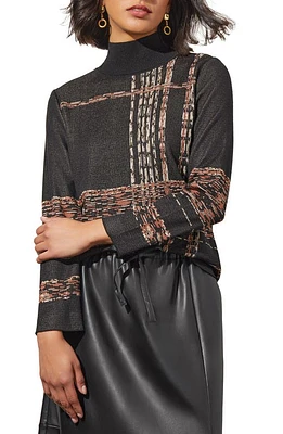 Ming Wang Mock Neck Jacquard Tunic Black/Chestnut/Ivory at Nordstrom,