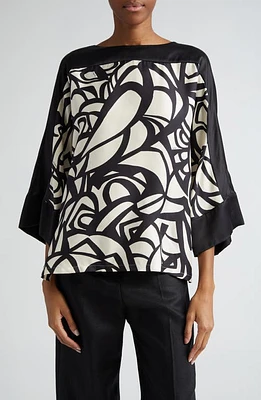 Max Mara Quaglia Abstract Silk Top White Black at Nordstrom,