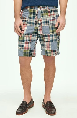 Brooks Brothers Plaid Patchwork Flat Front Cotton Madras Shorts Chambray Multi at Nordstrom,