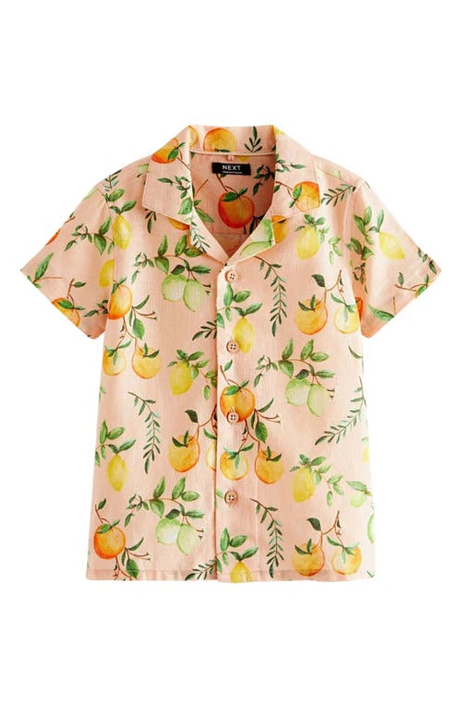 NEXT Kids' Orange Print Linen Blend Camp Shirt Pink at Nordstrom,