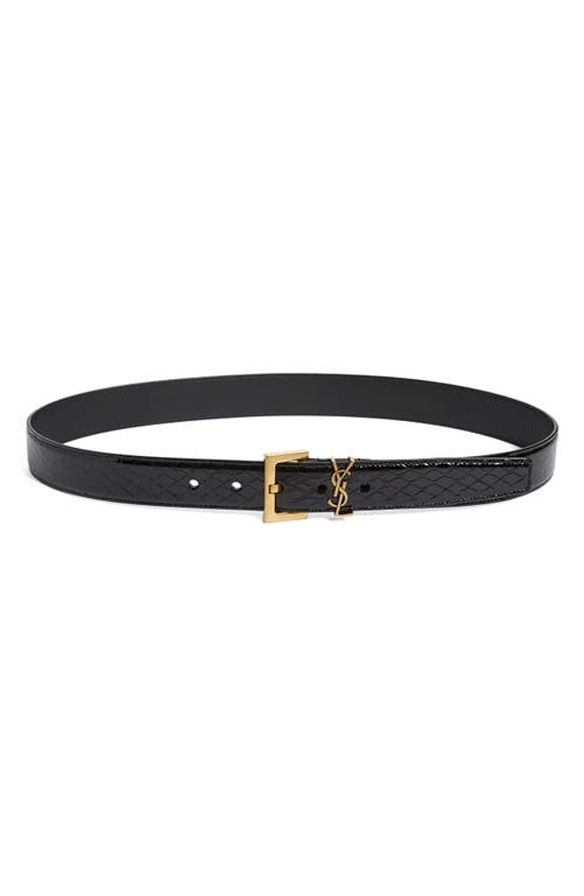 Saint Laurent Logo Snakeskin Embossed Leather Belt in Nero at Nordstrom, Size 70