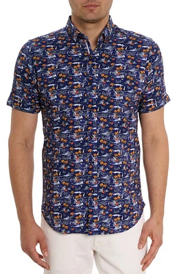 Robert Graham Lyndon Short Sleeve Knit Button-Up Shirt Blue Multi at Nordstrom,