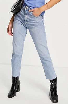 Topshop Raw Hem Straight Leg Jeans Mid Blue at Nordstrom,