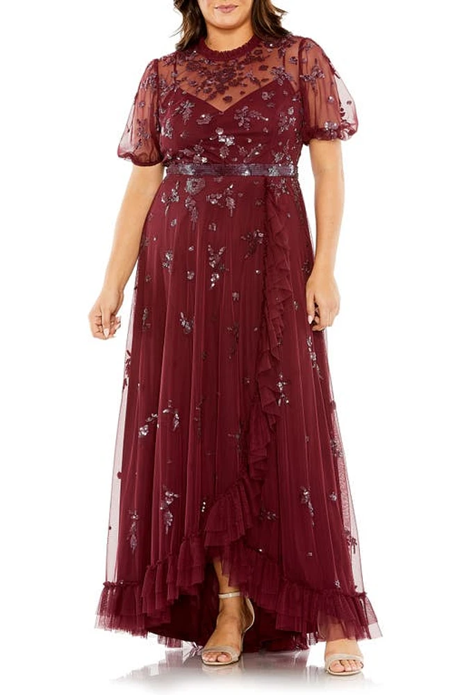 FABULOUSS BY MAC DUGGAL Beaded Floral Short Sleeve Gown Bordeaux at Nordstrom,