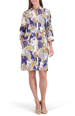 Foxcroft Rocca Retro Paisley Linen Blend Shirtdress Blue/White Mult at Nordstrom,