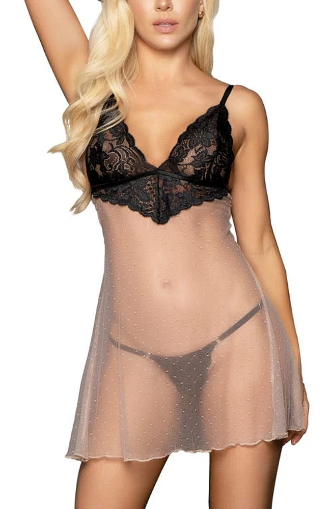 Mapale Babydoll Chemise & Thong Set Nude/Black at Nordstrom