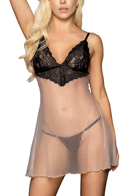 Mapale Babydoll Chemise & Thong Set Nude/Black at Nordstrom