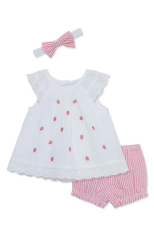 Little Me Strawberry Tunic, Bloomers & Headband Set Pink at Nordstrom,