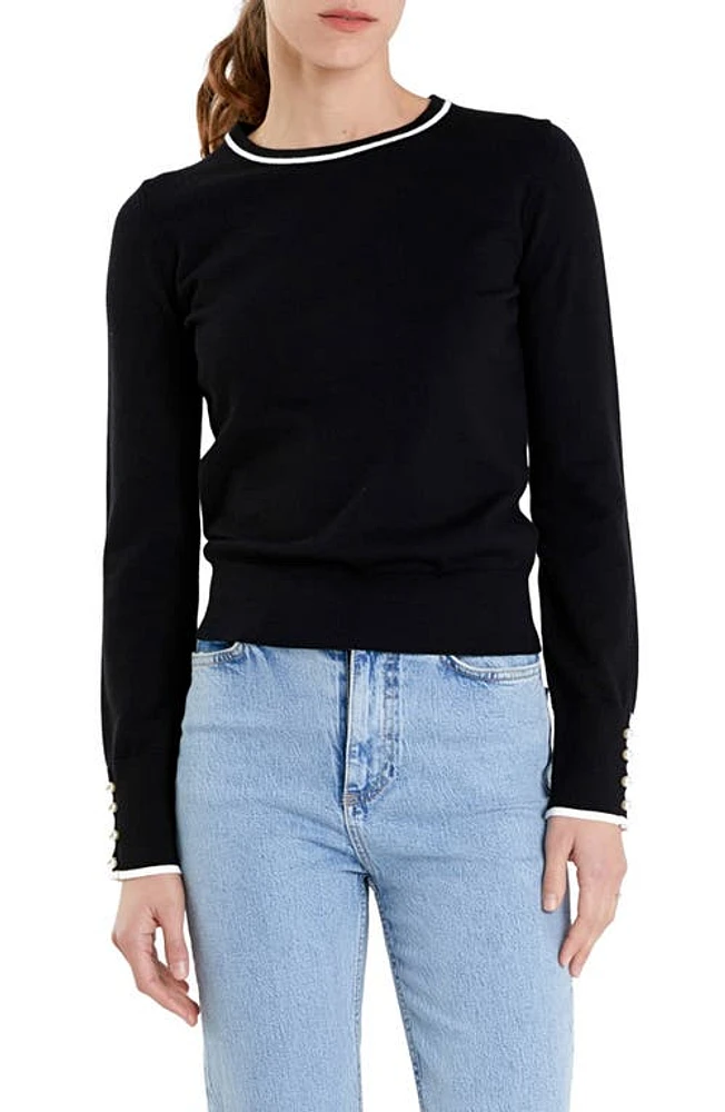 English Factory Button Detail Tipped Sweater Black/White at Nordstrom,