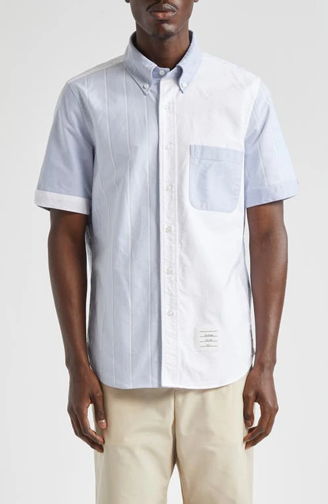 Thom Browne Straight Fit Colorblock Short Sleeve Cotton Button-Down Shirt Navy at Nordstrom,