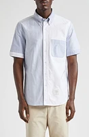 Thom Browne Straight Fit Colorblock Short Sleeve Cotton Button-Down Shirt Navy at Nordstrom,