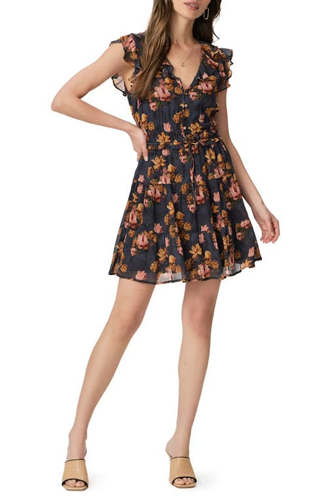 PAIGE Paradis Floral Button Front Silk Minidress Navy/Blue Multi at Nordstrom,